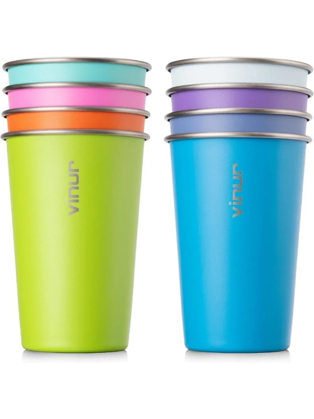 Colorful 16 oz Stainless Steel Stackable Drinking Glasses - Set of 8 Metal Cups